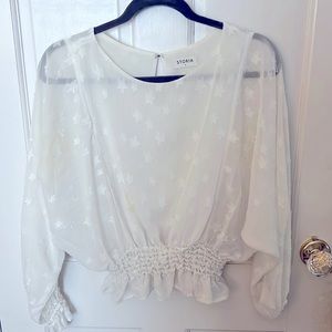 Women White Star Pattern Lantern Sleeve Top
